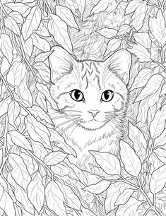 a cat peeking out from the leaves of a tree coloring page for adults and children