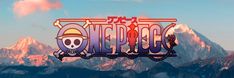 the logo for one piece with mountains in the background