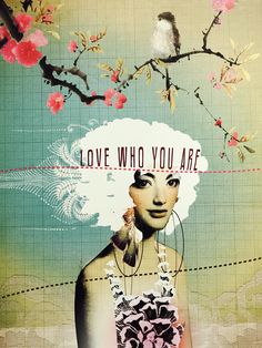 a woman with flowers and birds on her head, in front of a background that says love who you are