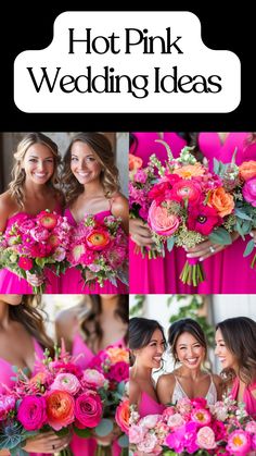 Hot pink wedding décor featuring vibrant floral arrangements and stylish bridesmaid dresses, adding fun and elegance to a celebration. Hot Pink Wedding Palette, Barbie Pink Wedding Theme, Fuschia Wedding Theme, Fushia Wedding Color Schemes, Hot Pink Wedding Ideas, Hot Pink Wedding Theme, Pink Orange Wedding Flowers, Hot Pink Wedding Colors, Hot Pink Wedding Bouquet