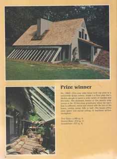 an advertisement for a house with pictures of the front and back of it, including two windows