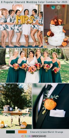 a collage of photos with different bridesmaid and grooms in green dresses