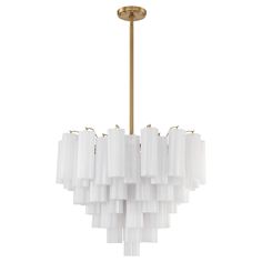 a large chandelier with white glass shades hanging from a brass ceiling fixture on a white background