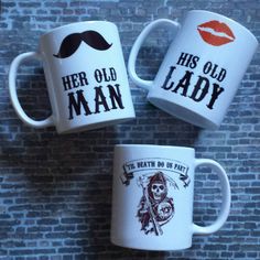 three coffee mugs with the words her old man and his old lady on them