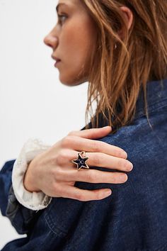 Great for gifting or gracing your own jewelry collection, this totally timeless ring is featured in a star-shaped silhouette with zodiac sign detailing at center for an added personalized, super special finishing touch. | Time In The Stars Zodiac Ring by Free People in Blue Zodiac Rings, Timeless Ring, In The Stars, Star Shape, Boho Clothing, Zodiac Sign, Boho Outfits, Jewelry Collection, Jewelry Rings