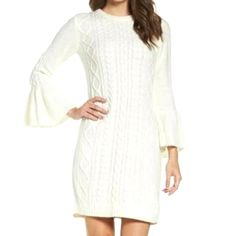 Eliza J Cable Knit Bell Sleeves Sweater Dress Size: S Color: Ivory Condition: New Without Tags Retail Price: $128 Features: -Crew Neck -Bell Sleeves -Cable Knit Approx. Measurements Laying Flat: Bust/Chest: 19" Length: 39.5" Waist: 18.5" Hips: 23" Thanks For Checking Out Our Closet/Store! We Ship Same Or Next Business Day. Pet And Smoke-Free Environment (*Color May Vary From Screen To Screen, Appearing Darker Or Lighter). Cozy Cream Sweater Dress For Spring, White Cable Knit Sweater Dress For Fall, Fitted White Sweater Dress For Fall, White Fitted Sweater Dress For Fall, White Stretch Sweater Dress For Fall, Cozy White Cable Knit Sweater Dress, Cozy Cable Knit White Sweater Dress, White Long Sleeve Cable Knit Sweater Dress, White Cable Knit Long Sleeve Sweater Dress