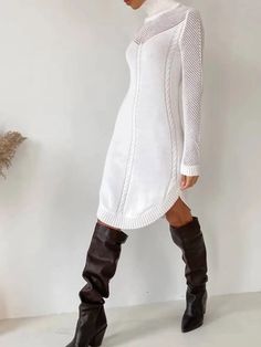 High Elasticity Turtleneck Regular Fit Long Sleeve Elegant Plain Sweater Short Dress White Knit Dress, Plain Sweaters, Pullover Mode, Sweater Style, Sweater Collection, Daily Dress, Knit Midi Dress, Types Of Dresses, Sweater And Shorts