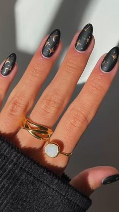 January Nail Inspiration, Almond Shaped Nails Short Winter, Dark Color Nail Designs Acrylic, Trendy Dark Nails, Short Oval Nails Acrylic Black, Moon Nails Design Ideas, Astronomy Nails Acrylic, Simplistic Black Nails, Celestial Pedicure