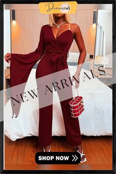 Women's Jumpsuits V-neck One Shoulder Irregular Jumpsuit Summer Party Jumpsuits With Asymmetrical Neckline, Party Jumpsuit With Asymmetrical Neckline, Solid Jumpsuits With Asymmetrical Neckline For Night Out, Night Out Jumpsuit With Asymmetrical Neckline, Asymmetrical Neckline Jumpsuit For Night Out, Jumpsuits And Romper, Color Pick, Jumpsuit Fashion, Fashion Colours