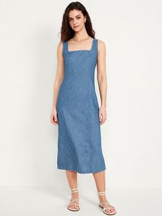 Jean Midi Dress | Old Navy Fitted Square Neck Sundress For Daywear, Fitted Sundress With Square Neck For Daywear, Square Neck Midi Dress With Adjustable Straps For Daywear, Casual Dresses With Straight Neckline For Daywear, Casual Midi Dress With Straight Neckline For Daywear, Casual Square Neck Midi Dress For Daywear, Casual Midi Dress With Square Neck For Daywear, Chic Unlined Square Neck Dress, Elegant Sundress With Smocked Back And Square Neck