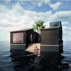 a house floating on top of water next to a man standing in the doorways