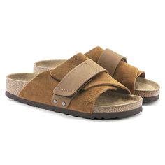 Kyoto Nubuck/Suede Leather Casual Slip-on Footbed Sandals With Suede Lining, Suede Slip-on Slippers With Textured Footbed, Everyday Leather Slippers With Removable Insole, Leather Slippers With Removable Insole For Everyday Use, Everyday Leather Slippers With Cushioned Footbed, Leather Slippers With Cushioned Footbed For Everyday, Brown Leather Footbed Sandals With Suede Lining, Casual Double Strap Mules With Leather Footbed, Brown Suede Double Strap Footbed Sandals