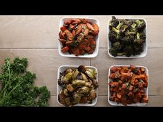 four white bowls filled with different types of vegetables on top of a wooden table next to carrots and broccoli