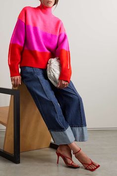 Pink Oversized striped wool-blend turtleneck sweater | CHRISTOPHER JOHN ROGERS | NET-A-PORTER Vogue Office, Colourful Sweater, 23 Runway, Resort 23, Christopher John Rogers, Pull Rose, Pull Oversize, Color Block Sweater, Pink And Red