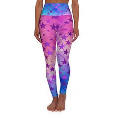 Pink Ombre and Stars Art Leggings With Stars, Beautiful Pink Blue, High Waisted Yoga Art Leggings. Treat for the gym, or just comfy for running around too. These skinny-fitting, high-waisted yoga leggings will take you from workout to store run in comfort and style. They are fully customizable with an all-over print that adds an instant pop to any athleisure wardrobe. Note: Runs small; consider sizing up! .: 83% polyester, 17% spandex. Skinny fit. The outside seam thread is color-matched to the design. Interior white seam thread .: Double-layer waistband .: NB! May appear slightly see-through when stretched. Some of the undyed white underneath material may become visible at the seams or where sewn. Assembled in the USA from globally sourced parts Stars Beautiful, Athleisure Wardrobe, Stars Art, High Waisted Yoga Leggings, Yoga Art, Instagram Outfits, Pink Ombre, Star Art, Pink Leggings