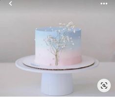 a white cake with blue and pink frosting decorated with flowers on a plate in front of a wall