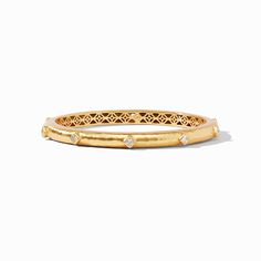 Ten diamond-shaped brilliant cut CZ gemstones embellish this lightly hammered bangle with a delicate piercework interior. Sweet Grace, Julie Vos, Stone Bangle, Diamond Shaped, Hinged Bangle, Shoe Game, Rose Cut, Jewelry Care, Diamond Shapes