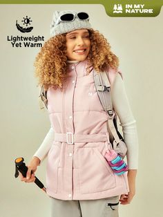 Zip Up Buckle Belted Hooded Winter Outdoor Vest Coat Baby Pink   Sleeveless Woven Fabric Plain  Non-Stretch  Women Outdoor Apparel, size features are:Bust: ,Length: ,Sleeve Length: Chaleco Casual, Outdoor Vest, Winter Vest, Rose Pale, Denim Patches, Pink Collar, Pink Collars, Vest Coat, Padded Coat