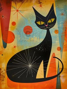 a black cat sitting on top of a yellow and red painting with stars in the background