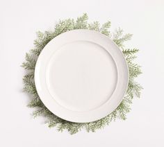 an empty white plate surrounded by greenery on a white background with space for text