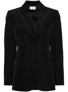 black virgin wool blend tailored design pinstripe pattern peak lapels shoulder pads long sleeves with faux buttoned cuffs chest welt pocket two front flap pockets English rear vents full lining front button fastening Elegant Pinstripe Blazer For Office, Winter Pinstripe Suit For Workwear, Winter Pinstripe Suits For Work, Winter Pinstripe Suits For Workwear, Elegant Pinstripe Blazer For Work, Elegant Pinstripe Winter Blazer, Pinstripe Long Sleeve Business Suits, Pinstripe Lapel Collar Outerwear For Work, Elegant Pinstripe Outerwear For Work