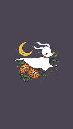 a white rabbit flying through the air with flowers on it's tail and moon in the background