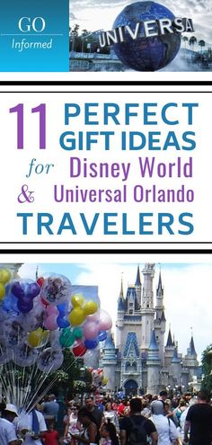 the front cover of perfect gift ideas for disney world and universal orlando travelers, with people walking around