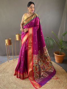 Introducing the wonderful rani pink zari weaving paithani silk traditional saree, a truly captivating piece that will enhance your beauty and make you the center of attention on any occasion. This exquisite saree is crafted with utmost care and attention to detail, using luxurious silk material in a stunning pink color.
The saree features intricate zari weaving work, adding a touch of elegance and opulence to the overall design. The rich pallu of the saree is adorned with golden motifs, further Luxury Pink Paithani Silk Lehenga, Luxury Paithani Silk Lehenga For Wedding, Luxury Pink Saree For Traditional Ceremonies, Luxury Traditional Sharara In Paithani Silk, Luxury Festive Paithani Silk Choli, Luxury Bollywood Paithani Silk Sharara, Luxury Gold Paithani Silk Lehenga, Luxury Paithani Silk Anarkali Set For Diwali, Luxury Paithani Silk Sharara With Pallu