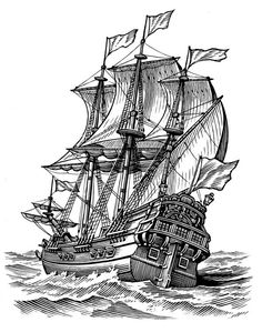 a black and white drawing of a ship in the ocean