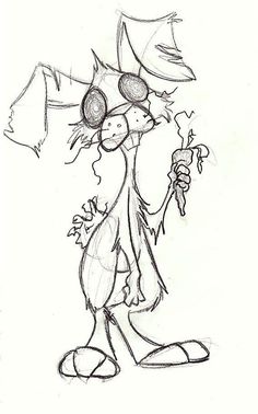 a drawing of a cartoon character holding a flower in one hand and an umbrella in the other