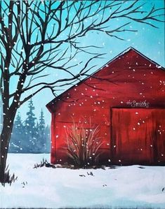 a painting of a red barn in the snow with trees and bushes on it's side