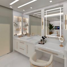 a white bathroom with two sinks, mirrors and lights on the wall above them is shown