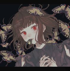 a girl with red eyes surrounded by butterflies