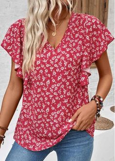 Color:Wine Red;Size:S;Size:M;Size:L;Size:XL;Size:2XL;Size:3XL;Package Contents:1 X Blouse;Occasion:Other;Style:Casual; Red Non-stretch Summer Blouse, Non-stretch Red Summer Blouse, Non-stretch Red Blouse For Summer, Red Ruffle Sleeve Summer Tops, Red Ruffle Sleeve Top For Summer, Red Ruffle Sleeve Blouse For Summer, Red Ruffle Sleeve Tops For Spring, Feminine Red V-neck Tops, Casual Tops With Ditsy Floral Print And Flutter Sleeve