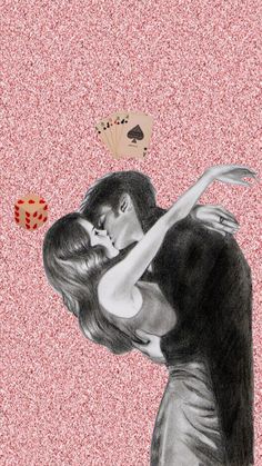 a drawing of two people kissing in front of playing cards and dices on a pink background