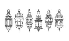 six hand drawn lanterns in black and white