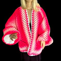 100% Acrylic Yarn Was Used In The Ombre Colors Of Hot Pink. Sized Medium Oversized Hexagon Cardigan. Handmade Crochet Made In A Fur Friendly Home. Pink Oversized Open Front Cardigan, Handmade One-size Sweater, Handmade Pink Outerwear For Spring, Handmade Pink Spring Outerwear, Handmade Oversized Sweater, Handmade One Size Outerwear For Spring, Hexagon Cardigan, Handmade Sweaters, Cardigan Handmade