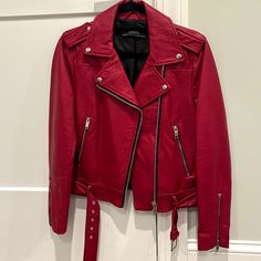 Zara Red Leather Moto Jacket . Never Worn . Perfect Condition Red Biker Outerwear For Fall, Red Moto Outerwear With Zipper Closure, Spring Red Leather Jacket, Red Moto Outerwear For Winter, Red Moto Outerwear, Red Leather Jacket With Zipper For Work, Red Long Sleeve Moto Outerwear, Zara Red Outerwear For Fall, Red Biker Jacket For Work In Spring