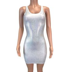 Silver holographic bodycon dress. The fabric is high-quality hologram shimmery silver on white spandex - stretchy enough to fit you and thick enough to offer a flattering bodycon fit. Silver Sleeveless Bodycon Dress, Iridescent Fitted Mini Dress, Sleeveless Silver Bodycon Dress, Metallic Shimmer Bodycon Dress For Night Out, Metallic Shimmer Mini Dress For Club, Silver Fitted Sleeveless Bodycon Dress, Silver Sleeveless Fitted Bodycon Dress, Silver Bodycon Dress For Summer Club, Summer Silver Bodycon Club Dress