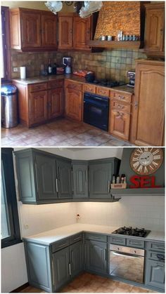 before and after pictures of a kitchen remodel with new cabinets, counter tops, stove top oven, dishwasher and sink