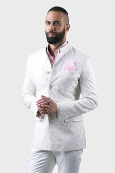 White full sleeves bandhgala with all over spring leaf embroidery and matte tonal sequin highlights. - Aza Fashions Luxury White Bandhgala With Mandarin Collar, Luxury White Bandhgala For Groom, Luxury White Mandarin Collar Bandhgala, Luxury White Silk Bandhgala, Luxury White Elegant Bandhgala, Luxury Elegant White Bandhgala, Luxury Designer White Bandhgala, Luxury White Bandhgala For Spring, Luxury White Long Bandhgala