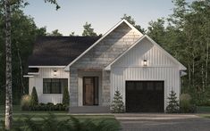 a white house with two garages and trees in the background