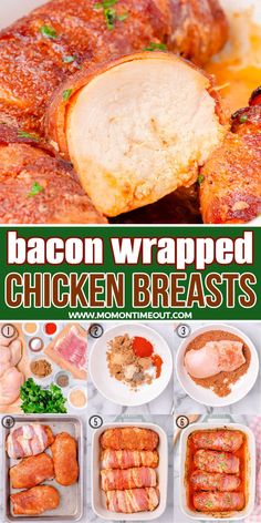 This Bacon Wrapped Chicken Breast recipe is a must-try meal that's both delicious and easy to prepare. Delightfully juicy chicken breasts with a sweet and savory rub all wrapped in crispy bacon creates a blend of flavors and textures that is truly irresistible. Perfect for family dinners or special occasions! // Mom On Timeout Chicken And Bacon Recipes, Bacon Wrapped Chicken Breast, Outdoor Cooking Recipes, Mom On Timeout, Chicken Recipes Boneless, Chicken Menu, Chicken Breast Recipe, Wrapped Chicken, Bacon Wrapped Chicken