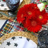 the table is set with red flowers and place settings for two people to sit at