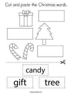 a cut and paste the christmas words worksheet for kids to practice their writing skills