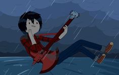 a man is sitting in the rain with a guitar and skull on his head,