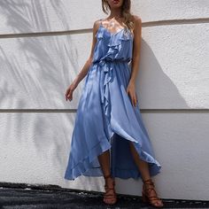 Elegant Slim Sling Dress for Women Summer Dresses New Chic Solid V-neck Lace-up High Waist Ruffle Swing Maxi Dress V-neck Sundress Suspender Dress For Brunch, Casual V-neck Beach Suspender Dress, Casual V-neck Suspender Dress For Beach, Flowy V-neck Sundress With Tie Straps, Spring V-neck Solid Color Sundress, V-neck Solid Color Sundress For Spring, Solid Color V-neck Sundress For Spring, Casual V-neck Suspender Dress For Vacation, Spring Solid Color V-neck Sundress