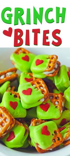 some green and orange treats in a white bowl with the words grin bites on it