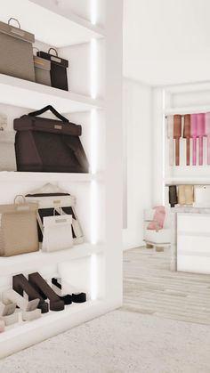 the shelves are filled with purses and handbags on display in a store's white room