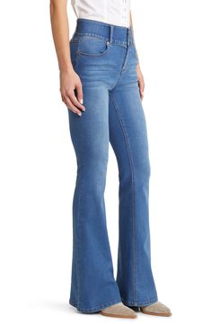 These soft and stretchy flare jeans feature a high, wide waistband with a shapewear effect that comfortably contours your natural silhouette. 34" inseam; 23" leg opening; 10 1/2" front rise; 15" back rise 51% cotton, 26% polyester, 22% rayon, 1% spandex Machine wash, tumble dry Imported High Waist Flare Jeans, Wide Waistband, Top Shoes, Skirt Pants, Shapewear, Flare Jeans, Dress Shoes, High Waist, Nordstrom